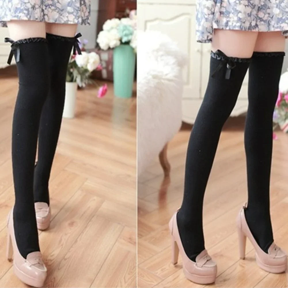 WOMEN'S THIGH HIGH SOCKS w/ RIBBON & BOW OVER ELASTIC AT TOP BLACK - Picture 2 of 5